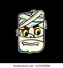 Vector illustration of a mummy face. Mummy design for t-shirt design. Scary mummy face cartoon. Drawing of mummy face with bandages, horror eyes, with fang teeth with separate black background.