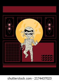 vector illustration of mummy, moon, streetwear background, perfect for printing t-shirts, hoodies, merchandise, souvenirs at halloween parties.