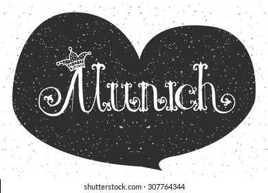 Vector illustration of Munich logotype. Oktoberfest celebration design on textured background. Lettering with  frame. Hand sketched city icon. Beer festival decoration badge.
