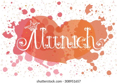 Vector illustration of Munich logotype. Oktoberfest celebration design on textured background. Lettering with  frame. Hand sketched city icon. Beer festival decoration badge.