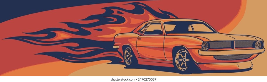 Ilustración vectorial de coche muscular con llamas