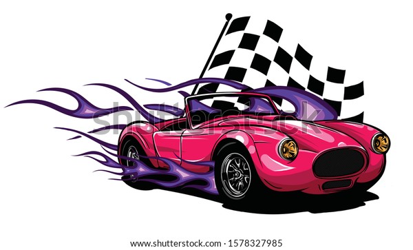vector\
illustration Muscle Car with flames and race\
flag