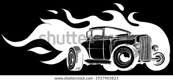 vector illustration muscle car with flames\
silhouette in black\
background