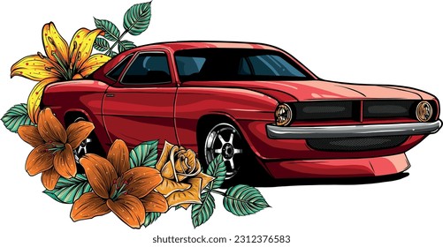 vector illustration of muscle car with flower decoration