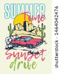 Vector illustration of muscle car on the desert road with summer mountain sunset background in 80s style retro graphic.