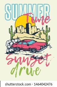 Vector illustration of muscle car on the desert road with summer mountain sunset background in 80s style retro graphic.