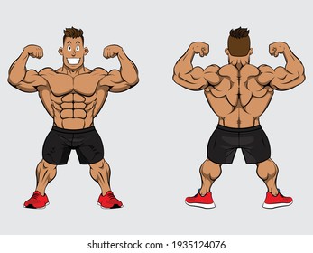 Vector Illustration Muscle Man Full Body Front And Back View.  