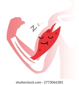 Vector illustration of muscular arm with bruised bicep sleeping peacefully. rest day, muscle recovery, post workout fatigue. Concept of fitness recovery, overtraining, body healing. for health, gym