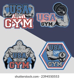 Vector illustration of muscular body building gym labels