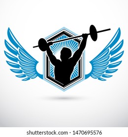 Vector illustration of muscular bodybuilder holding barbell. Power lifting competition, champion body silhouette. 