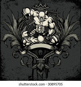 Vector illustration of a muscular cage fighter - ground and pound. Fighters battle over a detailed heraldry crest with ornamental scroll, blank banner, crown and flourish design elements.