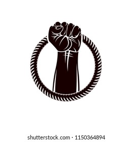Vector illustration of muscular clenched fist of strong man raised up and surrounded by rope. Revolution leader concept, civil war abstract illustration.