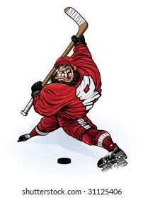 Vector illustration of a muscular hockey player about to absolutely destroy a hockey puck (along with anyone standing in it's path) with a wicked slap shot.