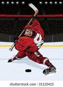 Vector illustration of a muscular hockey player about to destroy a hockey puck (along with anyone standing in it's path) with a wicked slap shot just above face-off circle in the middle of the rink.