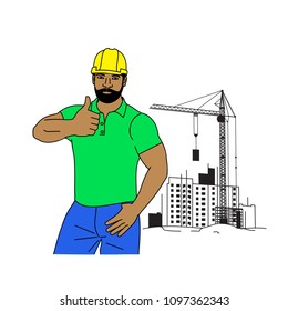 vector illustration of a muscular man, a builder raised his thumbs up, a cartoon design