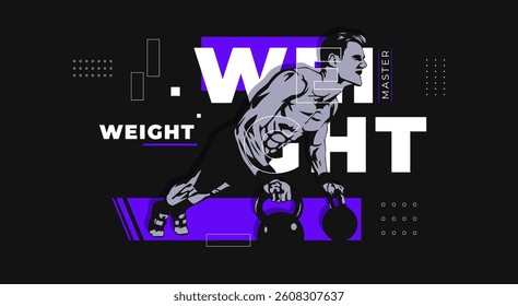 Vector illustration of a muscular man doing kettlebell push-up exercise. Bold black and purple color theme, perfect for gym posters, fitness branding, or workout promotions