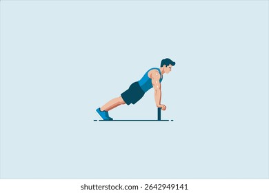 Ilustración vectorial de un hombre musculoso haciendo flexiones usando barras paralelas. Concepto de fitness, entrenamiento y entrenamiento de fuerza en estilo de dibujos animados planos con fondo azul.