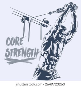 Ilustração vetorial do homem muscular fazendo extensão de tríceps de corda superior usando a arte de treinamento de aptidão da máquina de cabos
