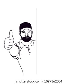 vector illustration of a muscular man raised his thumb up, linear design