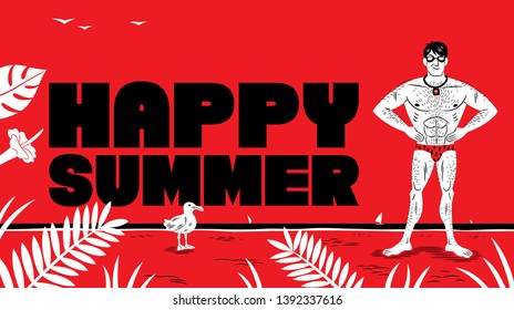 Vector illustration of a muscular man with a ridiculous swimsuit, on a beach with tropical vegetation, a seagull, the sea in the background with windsurfing sails and a text that says: "Happy summer".