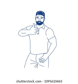 vector illustration of a muscular man, worker raised his thumb up, linear design