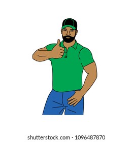 vector illustration of a muscular man, worker raised his thumb up, cartoon design