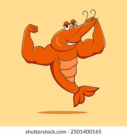 Vector illustration of a muscular shrimp character with a big smile