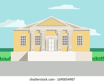 Vector illustration. Illustration of a museum building in flat style. Building against the blue sky and green lawn