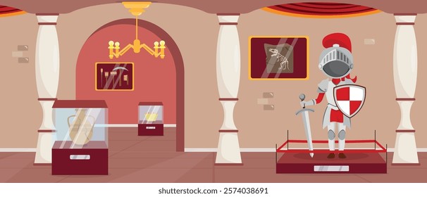 Vector illustration of museum interior.Cartoon scene of exhibition hall with ancient artifacts: knight armor,sword, shield, cracked vase, crown, dinosaur bones, tools, columns,chandelier,red curtains.