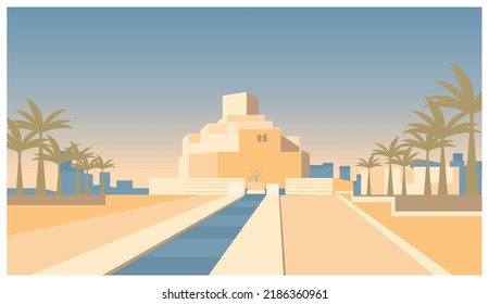 Ilustración vectorial del Museo de Arte Islámico en Doha Qatar el museo está construido en una isla de una península artificial que proyecta cerca del puerto tradicional de dhow.