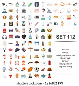 Vector illustration of museum, medical, jewelry, accessories, hipster, style, germany fire department england country icon set.