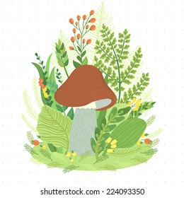 Vector illustration with mushroom, branches, leaves and berries. Card with different floral elements.