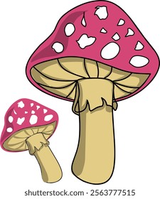 Vector illustration of a mushroom with a bright red cap and white spots. The mushroom stem is cream-colored