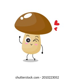 Vector illustration of mushroom character with cute expression,  funny, fungi isolated on white background, simple minimal style, vegetable for mascot collection, emoticon kawaii, lovely, wink