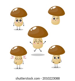 Vector illustration of mushroom character with cute expression,  funny, set of fungi isolated on white background, simple minimal style, vegetable for mascot collection, emoticon kawaii, funny, happy