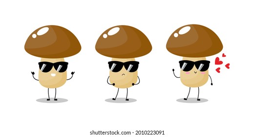 Vector illustration of mushroom character with cute expression,  funny, fungi isolated on white background, simple minimal style, vegetable for mascot collection, emoticon kawaii, sunglasses, happy
