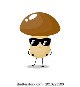 Vector illustration of mushroom character with cute expression,  funny, fungi isolated on white background, simple minimal style, vegetable for mascot collection, emoticon kawaii, sunglasses, cool