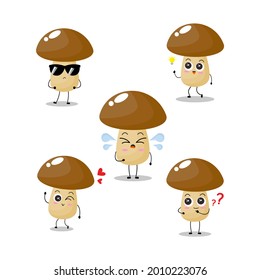 Vector illustration of mushroom character with various cute expression,  funny, fungi isolated on white background, simple minimal style, vegetable for mascot collection, emoticon kawaii, adorable