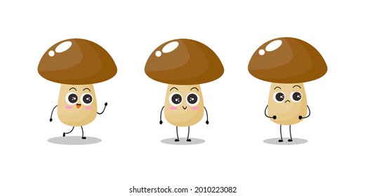 Vector illustration of mushroom character with various cute expression, smile, funny, fungi isolated on white background, simple minimal style, vegetable for mascot collection, emoticon kawaii