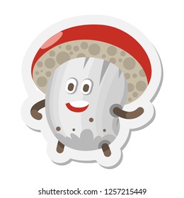 Vector illustration with mushroom emoticon. Mushroom icon with human face showing happiness, smile, joy. Harvest symbol. Forest mushroom Emoji. Autumn funny emotion mushroom. Sticker, icon. Vector 