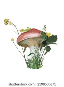 Vector illustration of a mushroom in the grass. Illustration for children, isolate on white background.