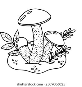 Vector illustration of a mushroom highlighted on a transparent background for children coloring a worksheet, workbook, web design. Stock illustration of a white mushroom in a forest clearing.