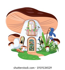 Vector illustration of a mushroom house in a boletus with a balcony, a door and windows stands in a mushroom meadow. Fairy tale illustration isolated on white background.