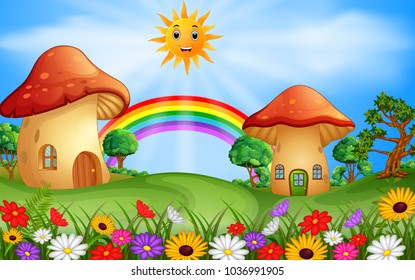 vector illustration of Mushroom house in the field illustration