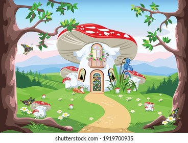 Vector illustration of a mushroom house in a fly agaric with a balcony, a door and windows stands in a mushroom meadow. Illustration of a fairy tale on the background of a beautiful landscape.