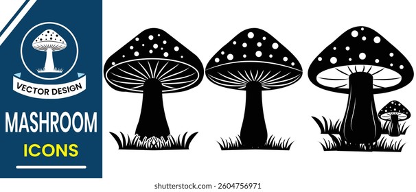 Vector illustration of  mushroom. Mushroom icon, vector illustration. Silhouette of mushroom vector, symbol design. Mushroom vegetable, food, logo design with grass. Vector illustration.