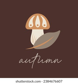 Vector illustration of mushroom, leaf and lettering Autumn. This fall plant composition is perfect for seasonal decor, invitation or greeting card
