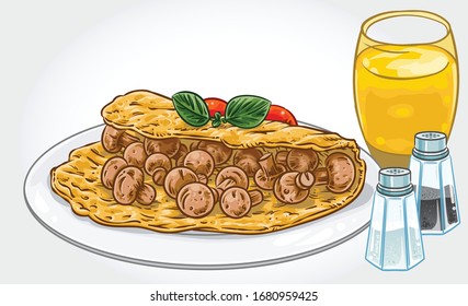 Ilustración vectorial de una tortilla de champiñones sobre un plato blanco con zumo de naranja.