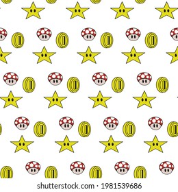 Vector Ilustración de hongos, puntos de moneda y estrellas patrón interminable sobre fondo blanco