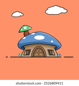 Vector Illustration Of A Mushroom Shaped House With A Blue Roof With White Spots